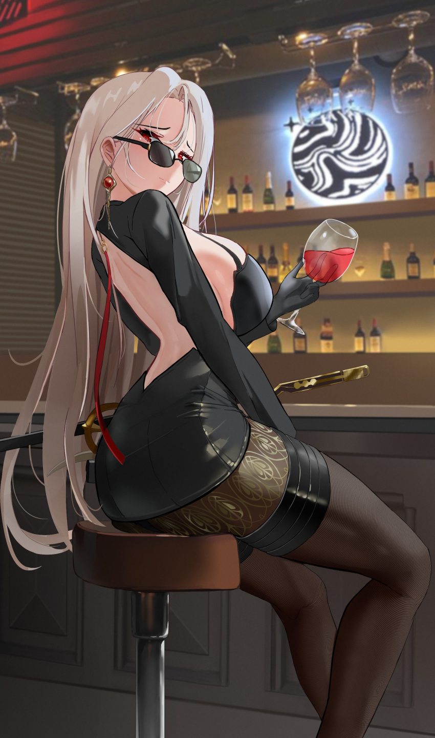 1girl absurdres alcohol backless_outfit bar_stool black_dress bottle breasts counter cup dress drinking_glass earrings highres jewelry large_breasts long_hair nightclub original red_eyes sideboob sogogy stool sunglasses thigh-highs white_hair wine