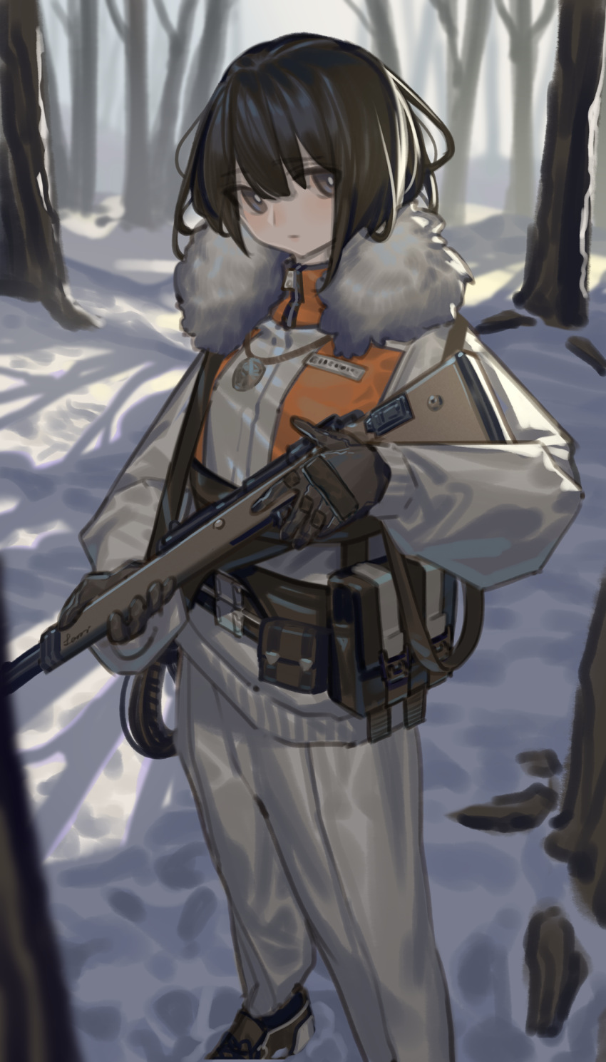 1girl bare_tree black_gloves brown_eyes brown_footwear brown_hair coat eyebrows_visible_through_hair foot_out_of_frame forest fur-trimmed_coat fur_trim gloves gun highres holding holding_gun holding_weapon hunting lanzi_(415460661) looking_at_viewer medium_hair nature original pants pouch rifle snow solo tree weapon white_coat white_pants winter winter_clothes winter_coat
