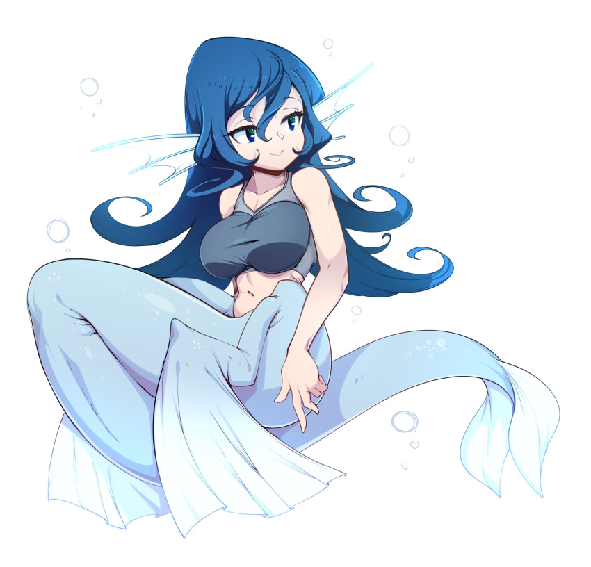 1girl absurdres blue_hair breasts closed_mouth commentary english_commentary full_body green_eyes hair_between_eyes head_fins highres large_breasts long_hair looking_to_the_side mermaid midriff monster_girl navel original simple_background sleeveless slugbox solo white_background