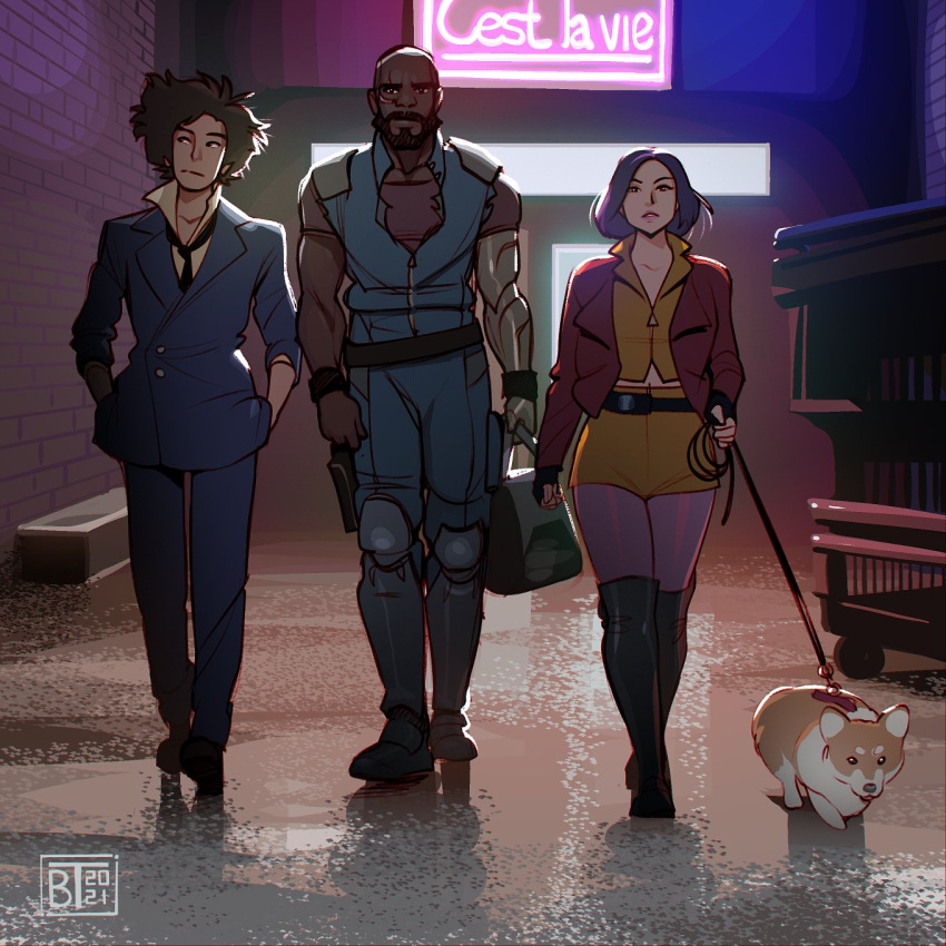 1girl 2boys bald beard belt black_belt black_footwear blue_jacket blue_jumpsuit blue_pants boots collarbone cowboy_bebop cowboy_bebop_(netflix) dark-skinned_male dark_skin dog_walking ein_(cowboy_bebop) english_commentary everblue facial_hair faye_valentine hands_in_pockets highres jacket jet_black knee_boots looking_to_the_side multiple_boys mustache pants purple_hair red_jacket shiba_inu skirt spike_spiegel walking yellow_skirt