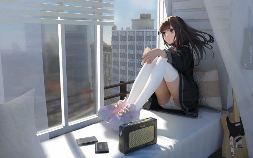 1girl absurdres balcony bangs black_hair black_shirt black_skirt blue_sky blunt_bangs building cassette_tape chinese_commentary city clouds cloudy_sky cross-laced_footwear curtains day expressionless full_body guitar highres indoors instrument legs_together long_hair madao miniskirt open_window original panties pantyshot parted_lips photo_background pillow pink_footwear pleated_skirt radio sailor_collar school_uniform serafuku shirt shoes sitting skirt sky sneakers solo thigh-highs thighs underwear violet_eyes white_legwear white_panties window wings