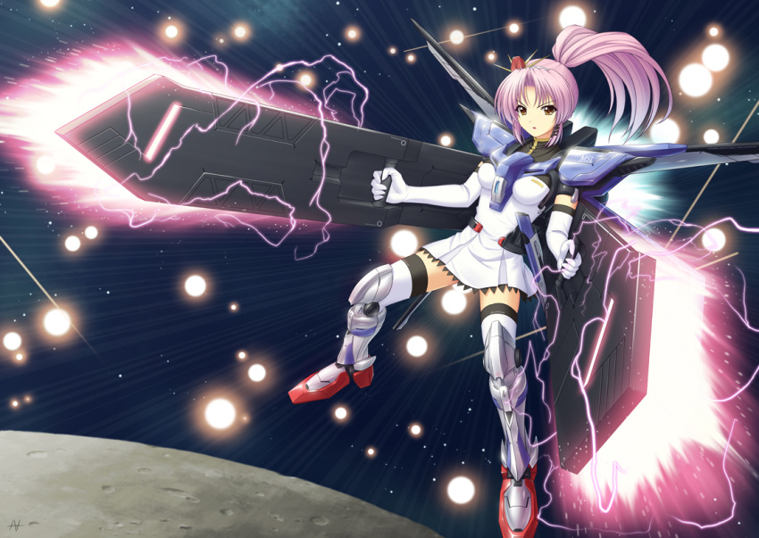 bad_id boots brown_eyes gundam mecha_musume original ponytail purple_hair solo space thigh-highs thigh_boots thighhighs weapon