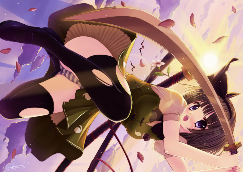 bangs bird blue_eyes blunt_bangs bob_cut caidychen flying frown grey_hair hairband katana konpaku_youmu lens_flare looking_at_viewer mary_janes open_mouth panties petals petticoat shoes short_hair sideways silver_hair solo striped striped_panties sunset sword thigh-highs thighhighs torn_clothes torn_thighhighs touhou underwear weapon