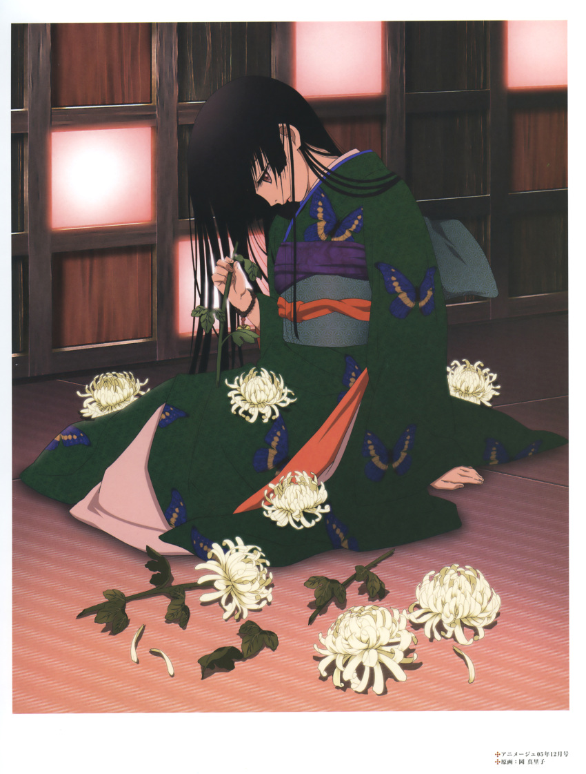 artbook black_hair enma_ai flower highres jigoku_shoujo oka_mariko red_eyes scan