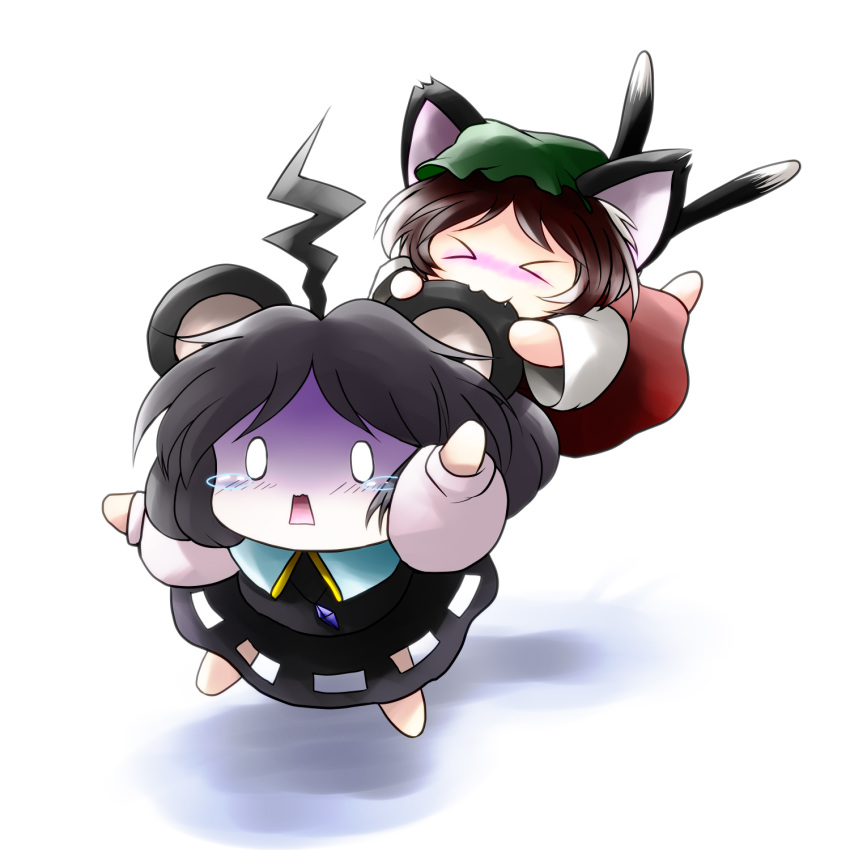 biting brown_hair cat_ears cat_tail chen chibi ear_biting grey_hair hat highres jewelry mouse_ears mouse_tail multiple_tails nazrin pendant short_hair tail tears touhou yume_shokunin