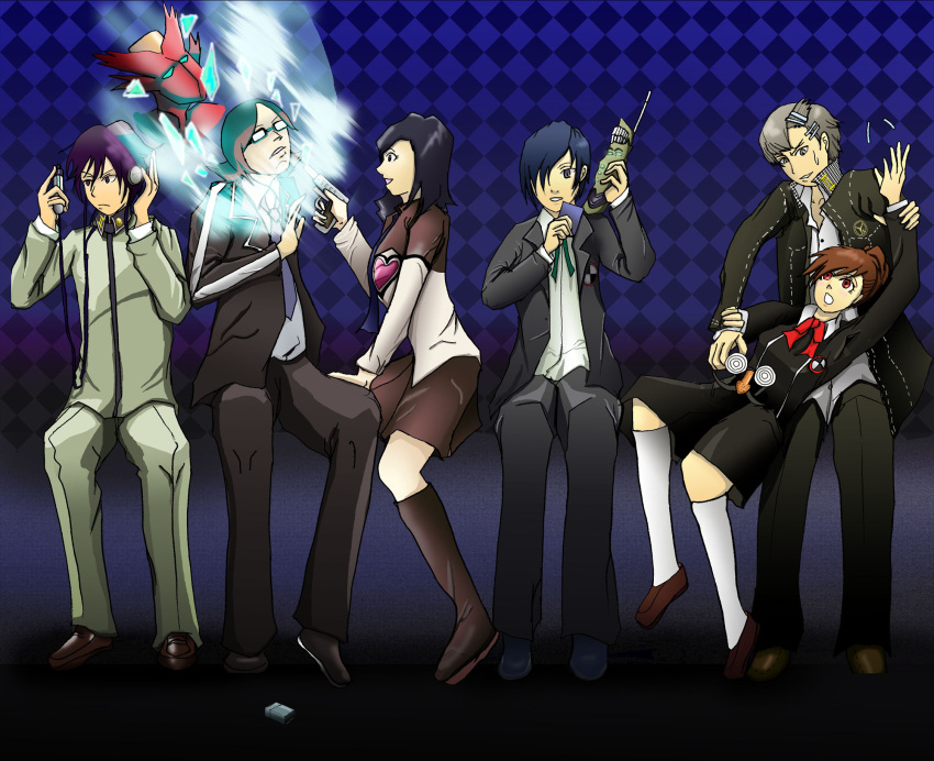 amano_maya arisato_minato blue_eyes blue_hair brown_hair card female_protagonist_(persona_3) glasses hairpin headphones narukami_yuu persona persona_1 persona_2 persona_3 persona_3_portable persona_4 red_eyes school_uniform seta_souji suou_tatsuya toudou_naoya weapon