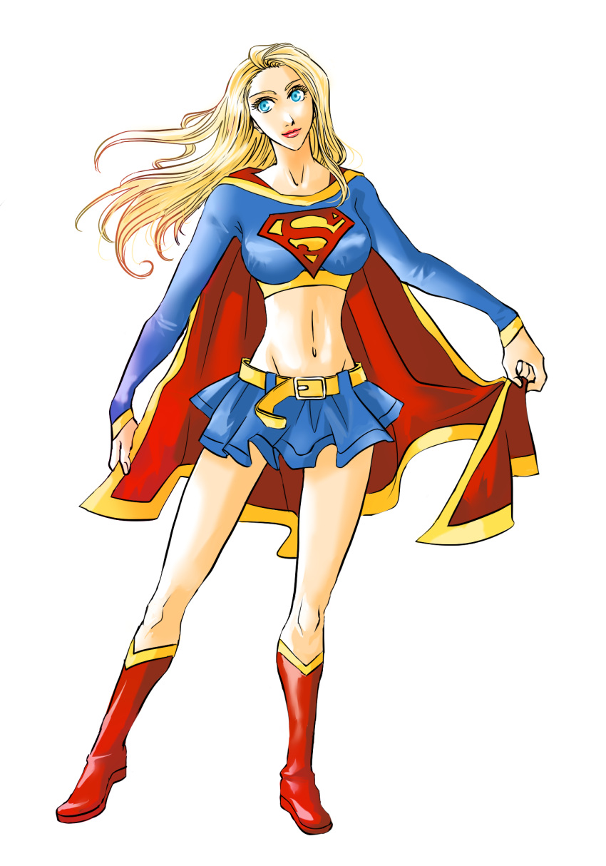 alien belt blonde_hair blue_eyes boots cape dc_comics female kryptonian long_hair midriff miniskirt petri s_shield skirt solo supergirl tanktop