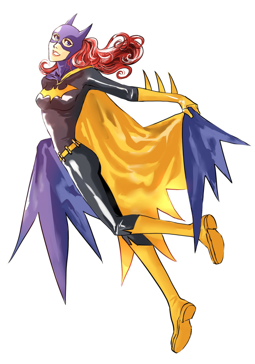 barbara_gordon batgirl blue_eyes bodysuit cape dc_comics female long_hair mask petri redhead smile solo