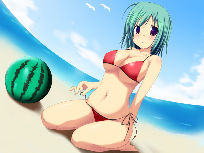 beach beachball bikini brown_eyes dutch_angle fisheye food fruit green_hair highres kneeling original paradise_king short_hair solo swimsuit untied untying watermelon