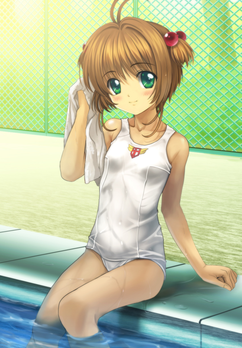 brown_hair card_captor_sakura cardcaptor_sakura child feet_in_water flat_chest green_eyes hair_bobbles hair_ornament highres kinomoto_sakura moonknives mutsuki_(moonknives) one-piece_swimsuit pool school_swimsuit short_hair sitting soaking_feet solo swimsuit towel water wet white_school_swimsuit