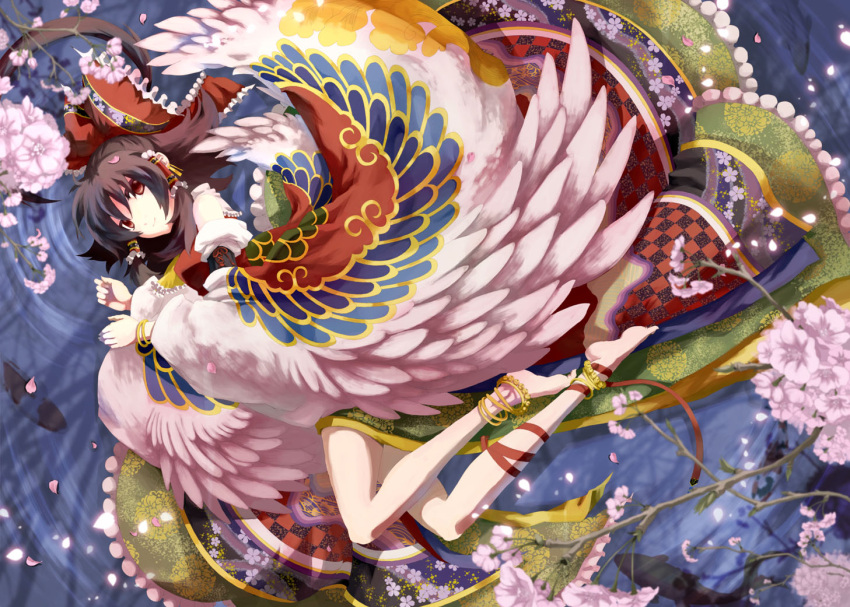 1girl 9ji ankle_ribbon anklet barefoot bow brown_hair cherry_blossoms colorful detached_sleeves embellished_costume feet floral_print frills from_above hair_bow hair_tubes hakurei_reimu jewelry leg_ribbon lying on_side red_eyes ribbon short_hair smile solo touhou water wings