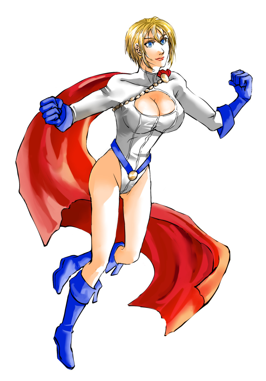 blonde_hair blue_eyes boots cape cleavage cleavage_cutout dc_comics female gloves leotard petri power_girl short_hair solo