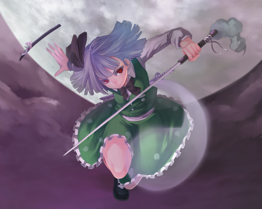 eyelashes full_moon ghost hairband hitoto jumping katana konpaku_youmu konpaku_youmu_(ghost) moon myon red_eyes short_hair silver_hair solo sword touhou weapon