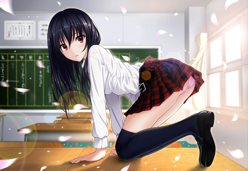 1girl black_hair black_legwear blush board classroom curtains highres indoors loafers long_hair looking_at_viewer open_mouth original oshou panties petals pink_panties plaid plaid_skirt red_eyes school_uniform shoes skirt solo table thigh-highs underwear window