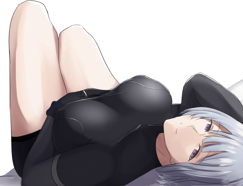 1girl arm_behind_head bare_legs black_bodysuit bodysuit breasts closed_mouth covered_collarbone cyka eyebrows_visible_through_hair girls_frontline hand_on_own_stomach highres large_breasts looking_at_viewer lying on_back rpk-16_(girls'_frontline) short_hair silver_hair smile solo violet_eyes white_background