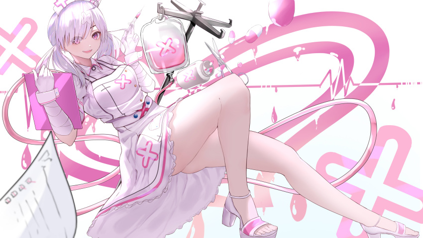 1girl absurdres ass bare_legs breasts clipboard dress hat high_heels highres holding holding_clipboard holding_syringe intravenous_drip medium_breasts medium_hair nijisanji nurse nurse_cap open_mouth pencamp pill pill_bottle pink_footwear silver_hair smile solo sukoya_kana syringe toes twintails violet_eyes virtual_youtuber white_dress
