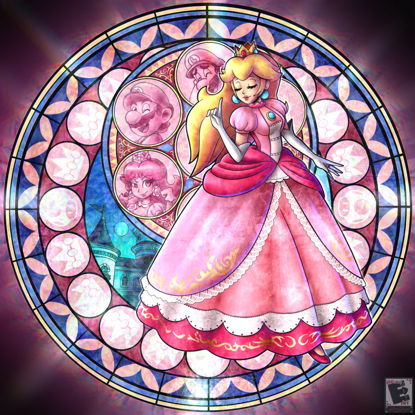 1girl ^_^ amyroser bangs blonde_hair closed_eyes crown dress earrings elbow_gloves english_commentary gloves hair_behind_ear highres jewelry kingdom_hearts luigi mario mushroom one_eye_closed parody pink_dress pointing pointing_up princess_daisy princess_peach smile solo stained_glass super_mario_bros. super_smash_bros. white_gloves