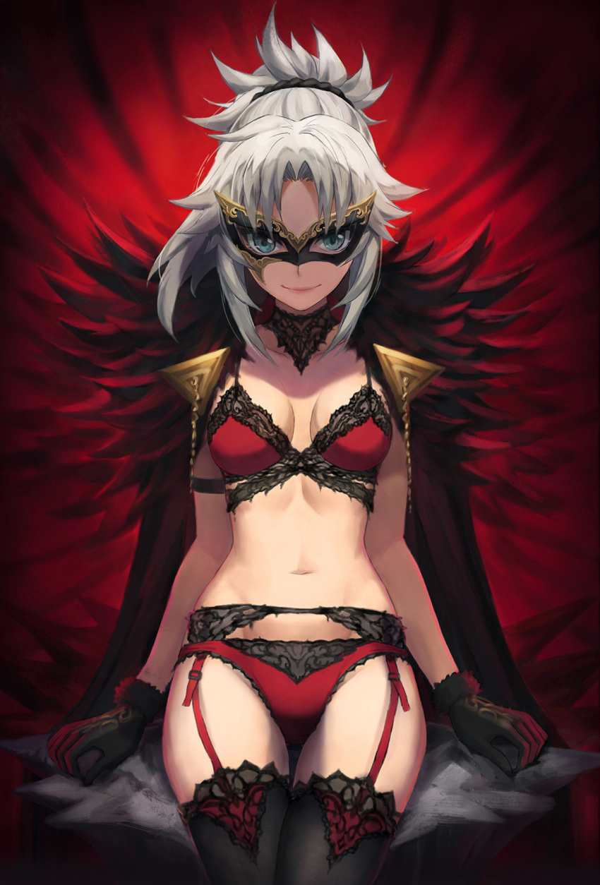 1girl bangs blonde_hair bra braid breasts choker fate/apocrypha fate_(series) french_braid green_eyes hair_ornament hair_scrunchie highres long_hair looking_at_viewer mask mordred_(fate) mordred_(fate/apocrypha) parted_bangs ponytail red_bra scrunchie sidelocks small_breasts smile solo tonee underwear