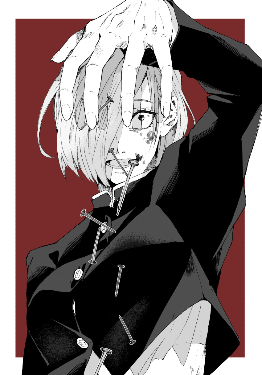 1girl bruise crazy_eyes fingernails greyscale hair_over_one_eye hands highres injury jujutsu_kaisen jujutsu_tech_uniform kugisaki_nobara messy_hair mikkakann monochrome nail open_mouth school_uniform short_hair solo