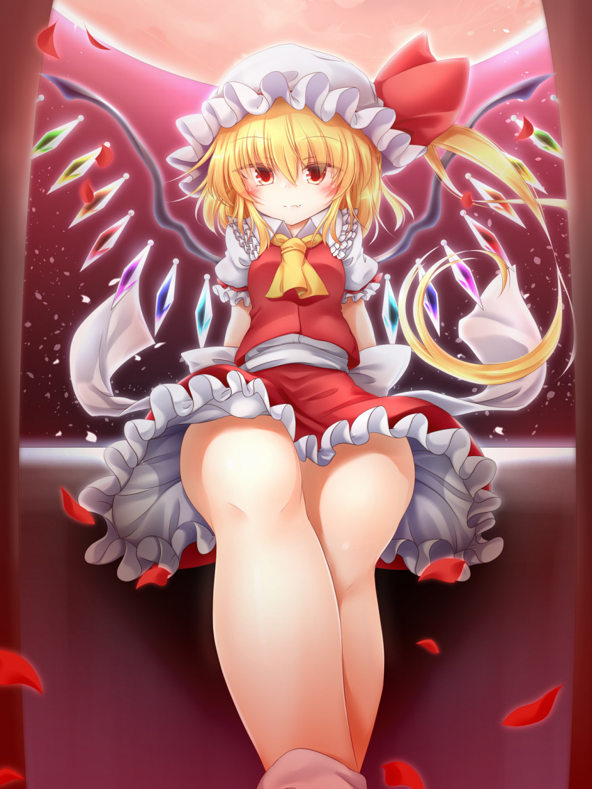 1girl ascot bangs belt blonde_hair blush bow breasts closed_mouth collar collared_shirt crystal eyebrows_visible_through_hair eyes_visible_through_hair flandre_scarlet frills hair_between_eyes hat hat_ribbon highres jewelry looking_at_viewer marukyuu_ameya medium_breasts mob_cap moon multicolored_wings night night_sky one_side_up petals puffy_short_sleeves puffy_sleeves red_eyes red_ribbon red_skirt red_sky red_vest ribbon shirt short_hair short_sleeves sitting skirt sky smile socks solo thighs touhou vest white_belt white_bow white_headwear white_legwear white_shirt white_sleeves wings yellow_neckwear