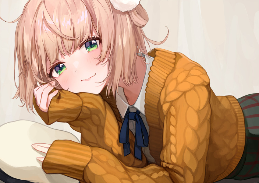 1girl cardigan casual closed_mouth eyebrows_visible_through_hair green_eyes hair_rings head_rest indie_virtual_youtuber light_brown_hair looking_at_viewer orange_cardigan pillow pom_pom_(clothes) ribbon shigure_ui_(vtuber) short_hair skirt sleeves_past_wrists solo takuo virtual_youtuber