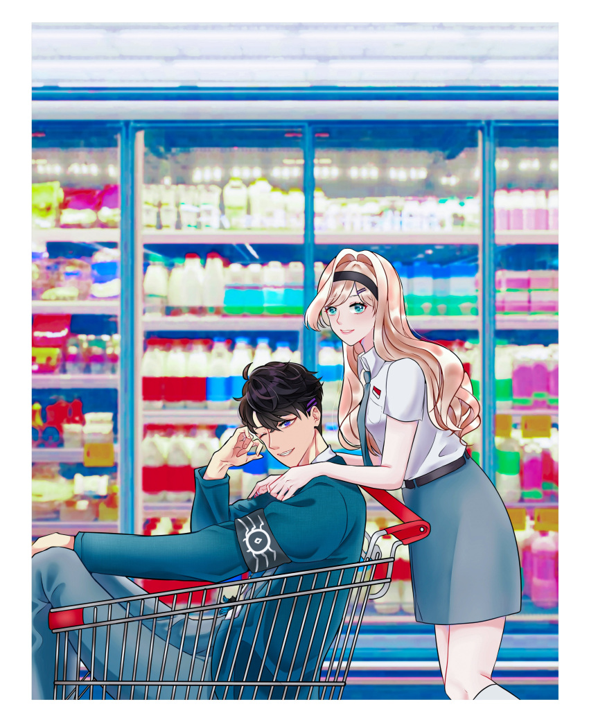 1boy 1girl absurdres alternate_hairstyle armband belt black_belt black_hairband blue_jacket blue_neckwear blue_pants blue_skirt collared_shirt english_commentary hairband hands_on_another's_shoulders highres in_shopping_cart jacket layla_alstroemeria necktie nijisanji nijisanji_id pants reza_avanluna school_swimsuit shirt shopping_cart skirt smile supermarket swimsuit virtual_youtuber white_shirt zee_(oreomisme)