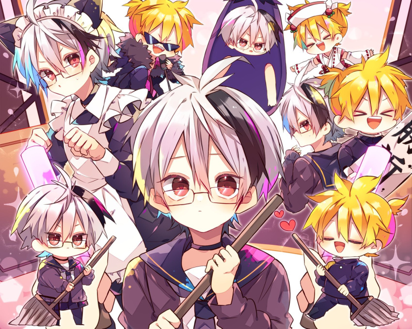 &gt;_&lt; 1boy 1girl animal_ears apron bespectacled blonde_hair broom chibi coat collared_shirt commentary detached_sleeves dress eggplant eggplant_costume flower_(vocaloid) frilled_apron frills fur-trimmed_coat fur_trim glasses heart highres holding holding_broom japanese_clothes kagamine_len kaho_0102 looking_at_viewer maid maid_headdress multicolored_hair multiple_views open_mouth puffy_sleeves purple_dress purple_hair purple_neckwear purple_shirt sailor_collar school_uniform serafuku shirt short_hair smile spiky_hair streaked_hair two-tone_hair v_flower_(vocaloid4) violet_eyes vocaloid white_hair white_shirt white_sleeves