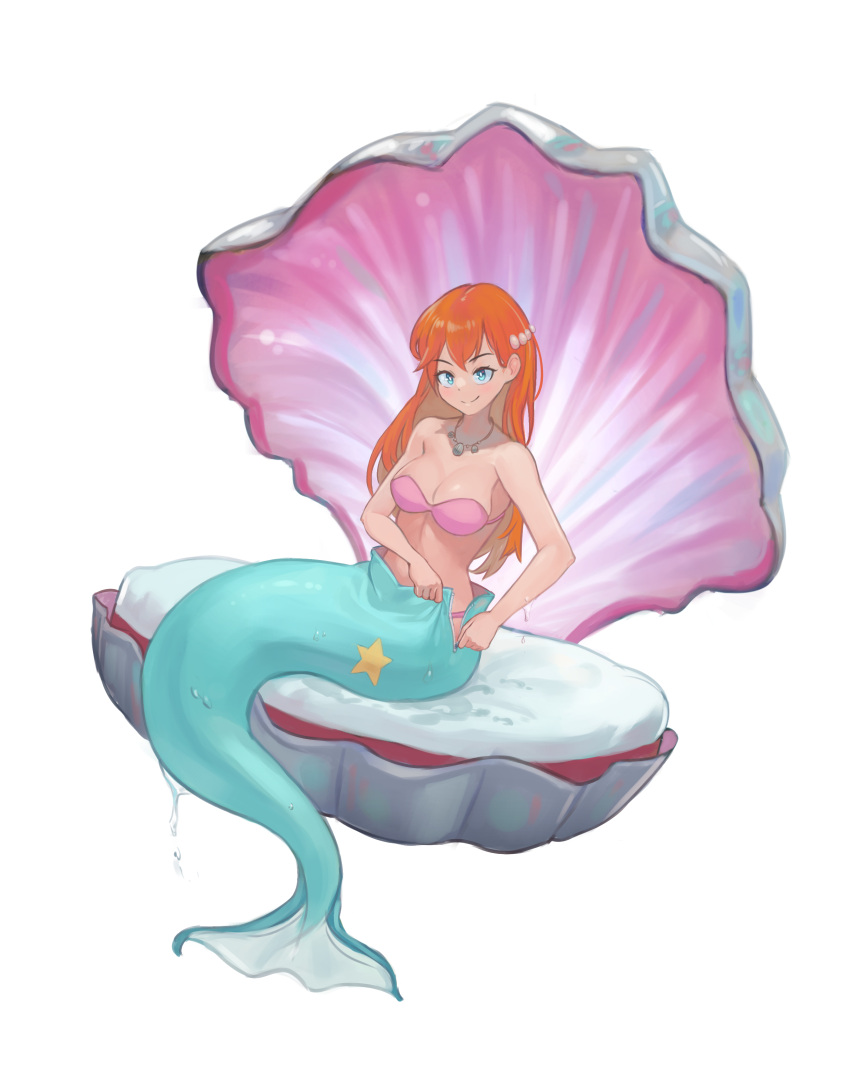 1girl absurdres bangs bikini bikini_top blue_eyes breasts clam drelouder hair_ornament highres jewelry long_hair looking_at_viewer mermaid mermaid_costume misty_(pokemon) monofin monster_girl necklace pokemon redhead simple_background smile solo solo_focus star_(symbol) swimsuit unzipped wet white_background