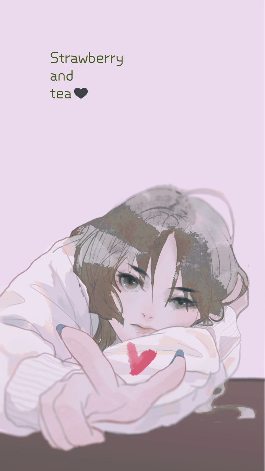 1girl absurdres blue_nails brown_eyes brown_hair buling_q closed_mouth commentary_request english_text heart highres leaning_on_table lips long_hair long_sleeves looking_at_viewer original pink_background simple_background solo sweater upper_body v white_sweater
