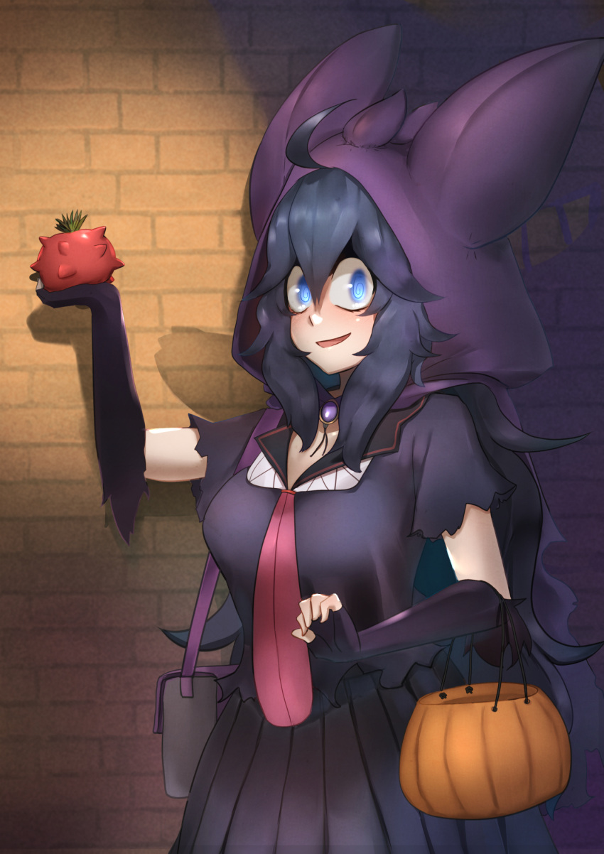 1girl @_@ ahoge alternate_costume bag berry_(pokemon) black_gloves black_hair black_skirt blue_eyes brick_wall cape character_hood elbow_gloves fingerless_gloves food gloves halloween_bucket hex_maniac_(pokemon) highres holding holding_food hood hood_up hooded_cape john_(a2556349) messy_hair open_mouth pleated_skirt pokemon purple_cape purple_hood satchel shadow skirt solo torn_clothes torn_sleeves