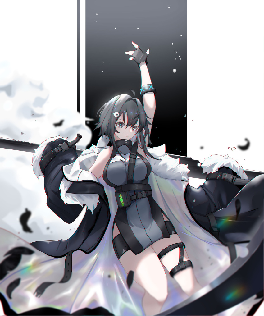 1girl absurdres ahoge alternate_breast_size arknights armband black_coat black_gloves breasts coat commentary dress feathers feet_out_of_frame fingerless_gloves fur-trimmed_coat fur_trim gloves grey_dress grey_eyes grey_hair hair_ornament hairclip hand_up highres holding holding_scythe holding_weapon ifi_(1158029887) infection_monitor_(arknights) la_pluma_(arknights) large_breasts looking_at_viewer off_shoulder open_clothes open_coat pelvic_curtain scythe short_hair sidelocks simple_background solo thigh_strap weapon white_background
