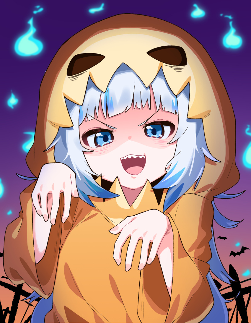 1girl :d bangs blue_eyes blue_hair commentary english_commentary eyebrows_visible_through_hair gawr_gura halloween halloween_costume hands_up highres hitodama hololive hololive_english long_hair long_sleeves looking_at_viewer multicolored_hair sharp_teeth silver_hair smile solo streaked_hair teeth tosyeo upper_body v-shaped_eyebrows very_long_hair wide_sleeves