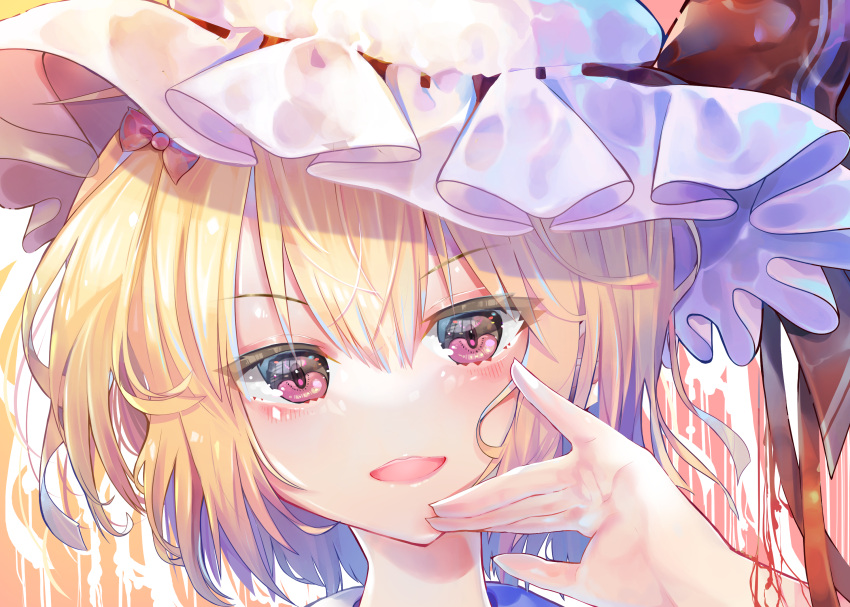1girl artist_request bangs blonde_hair blush bow commentary_request eyebrows_visible_through_hair face flandre_scarlet hair_between_eyes hair_bow hand_up hat hat_ribbon head_tilt highres looking_at_viewer mob_cap one_side_up open_mouth portrait red_bow red_ribbon ribbon short_hair simple_background smile solo touhou touhou_gouyoku_ibun violet_eyes white_background white_headwear