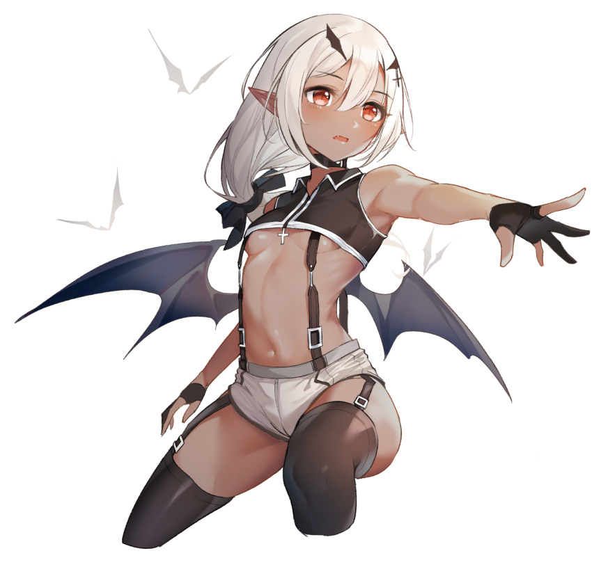 1girl armpits bare_arms bare_shoulders black_choker black_gloves black_legwear black_shirt breasts choker collared_shirt crop_top cropped_legs dark_skin demon_girl demon_wings fang garter_straps gloves grey_shorts hair_between_eyes hair_ribbon highres long_hair looking_at_viewer looking_away micro_shorts midriff navel no_bra open_mouth original outstretched_arm partially_fingerless_gloves pointy_ears red_eyes revealing_clothes ribbon shirt shorts simple_background sleeveless sleeveless_shirt small_breasts snozaki solo stomach suspenders thigh-highs thighs under_boob white_background white_hair wings