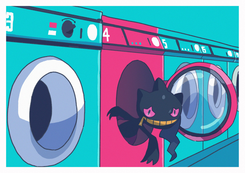 absurdres banette border commentary_request glass highres looking_at_viewer no_humans peeking_out pink_eyes pokemon pokemon_(creature) saiku_(zvlku) solo washing_machine white_border zipper zipper_pull_tab