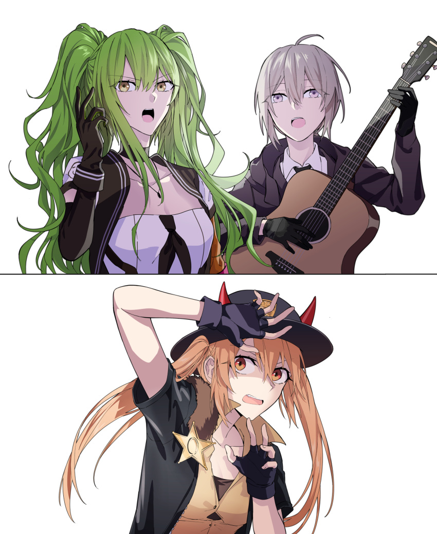 3girls absurdres black_gloves black_jacket blue_headwear breasts collarbone eyebrows_visible_through_hair fingerless_gloves framed girls_frontline gloves green_hair grey_hair guitar hand_up hat highres holding holding_instrument instrument jacket jewelry long_hair looking_at_another looking_at_viewer m200_(girls'_frontline) m870_(girls'_frontline) m950a_(girls'_frontline) multiple_girls necklace necktie open_clothes open_jacket open_mouth orange_eyes orange_hair police police_hat police_uniform policewoman shirt short_hair suprii teardrop twintails uniform upper_body violet_eyes white_background white_shirt yellow_eyes yellow_jacket