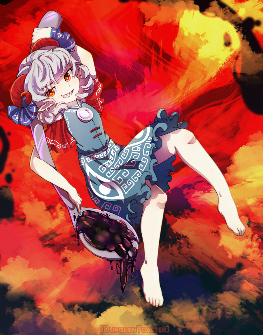 1girl absurdres barefoot blue_dress dress dungeon_toaster earrings feet highres holding holding_spoon horizontal_pupils horn_ornament horn_ribbon horns jewelry looking_at_viewer multicolored_background oversized_object pointy_ears red_eyes red_horns red_sleeves ribbon sharp_teeth silver_hair smirk spoon teeth touhou toutetsu_yuuma