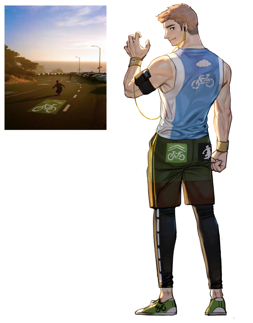 1boy bare_shoulders commentary_request from_behind full_body green_shorts highres leggings light_brown_hair looking_at_viewer male_focus original personification reference_inset rinotuna shoes short_hair shorts sideburns sleeveless smile sneakers solo toned toned_male