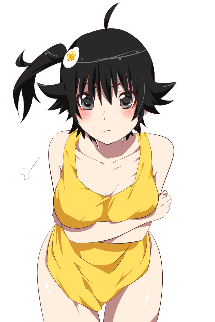 1girl absurdres ahoge araragi_karen black_eyes black_hair breasts closed_mouth fried_egg hair_ornament highres kakoikaren long_hair looking_at_viewer monogatari_(series) side_ponytail simple_background solo white_background