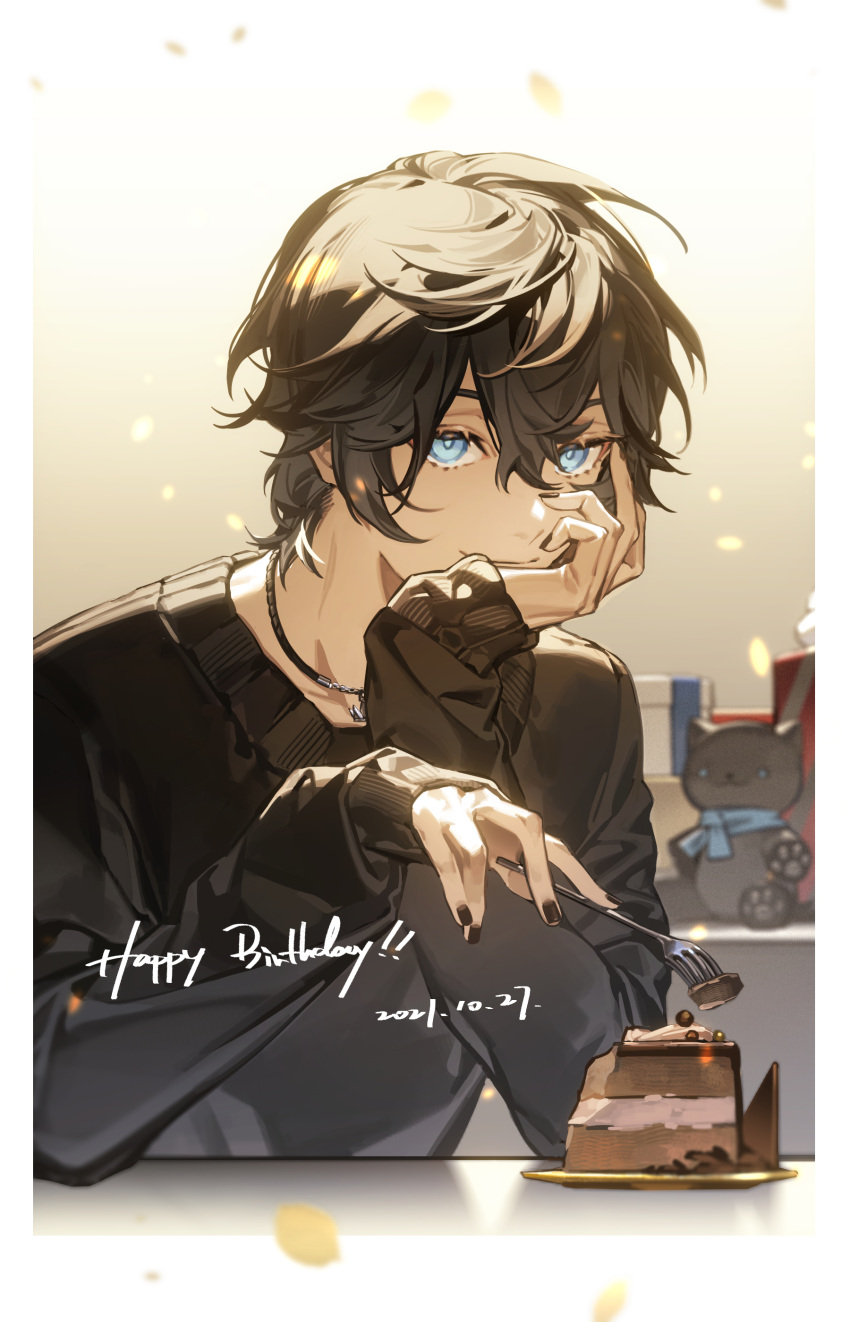 1boy absurdres axia_krone bangs black_hair black_nails black_sweater blue_eyes cake chocolate_cake commentary covering_mouth food fork gift hand_over_own_mouth highres holding holding_fork jewelry long_sleeves looking_at_viewer male_focus necklace nijisanji plate solo stuffed_animal stuffed_cat stuffed_toy sweater table virtual_youtuber ygerian