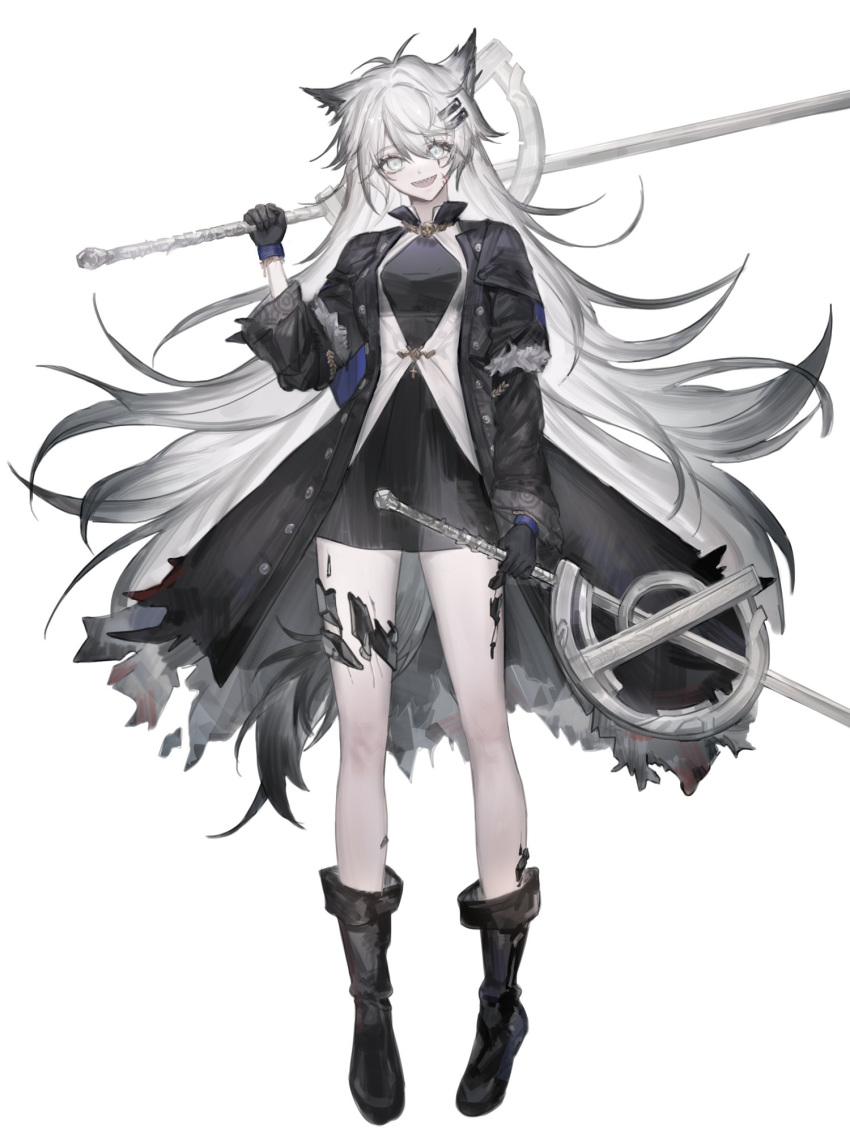 1girl animal_ears arknights bangs black_coat black_dress black_footwear black_gloves boots brooch buttons coat collared_coat dress gloves grey_eyes hair_ornament hairclip highres holding holding_weapon jewelry lappland_(arknights) lappland_(refined_horrormare)_(arknights) long_hair long_sleeves official_alternate_costume open_mouth scar scar_across_eye scar_on_face silver_hair simple_background smile solo standing sword tail torn_clothes weapon white_background wolf_ears wolf_girl wolf_tail