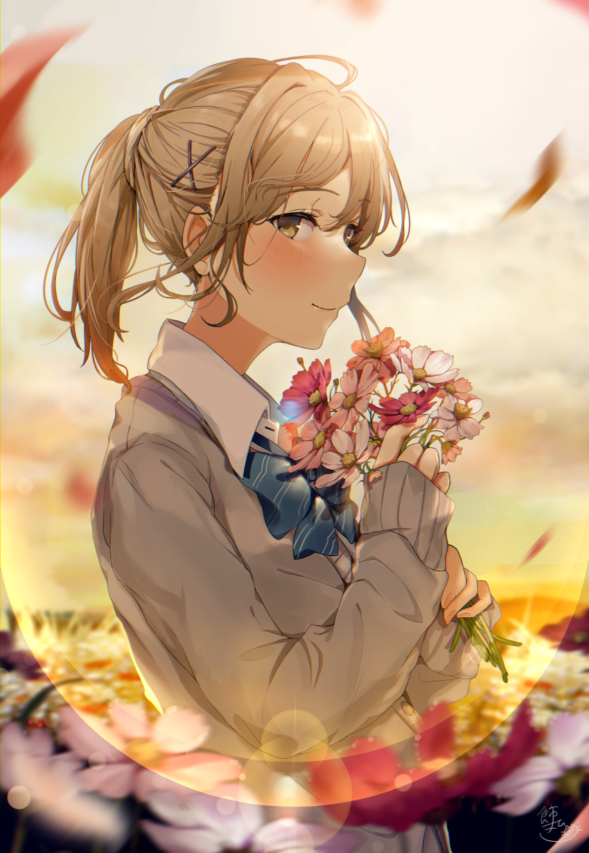 1girl beige_cardigan blonde_hair blue_bow blue_neckwear blush bouquet bow bowtie brown_eyes cardigan closed_mouth clouds cloudy_sky dress_shirt evening flower highres hisao_0111 holding holding_flower leaf long_hair long_sleeves looking_at_viewer original outdoors ponytail school_uniform shirt sky smile solo sunset twilight white_shirt