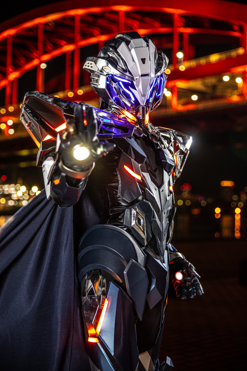 1boy black_cape blue_eyes cape cosplay cosplay_photo fate/grand_order fate_(series) gloves glowing glowing_eyes glowing_hand grey_gloves helmet highres looking_at_viewer male_focus odysseus_(fate) odysseus_(fate)_(cosplay) open_hand photo_(medium) power_armor rev_(rev006010) solo