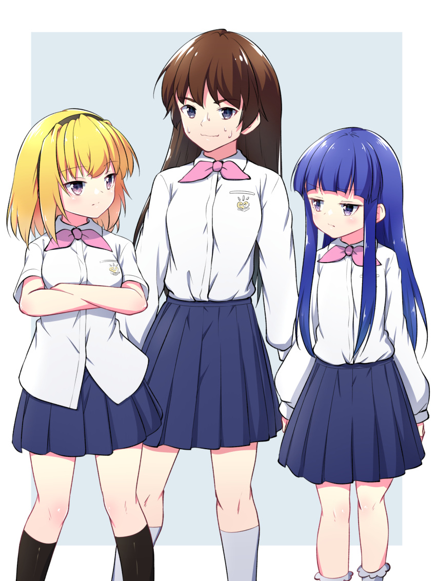 1boy 2girls absurdres bangs black_hairband black_legwear blonde_hair blue_hair blue_skirt blunt_bangs brown_hair collared_shirt commentary_request crossdressing eyebrows_visible_through_hair furude_rika hairband hazumi_otoya highres higurashi_no_naku_koro_ni houjou_satoko long_hair maebara_keiichi multiple_girls pink_ribbon pleated_skirt ribbon school_uniform shirt short_hair short_sleeves skirt st._lucia_academy_school_uniform sweatdrop violet_eyes white_legwear white_shirt