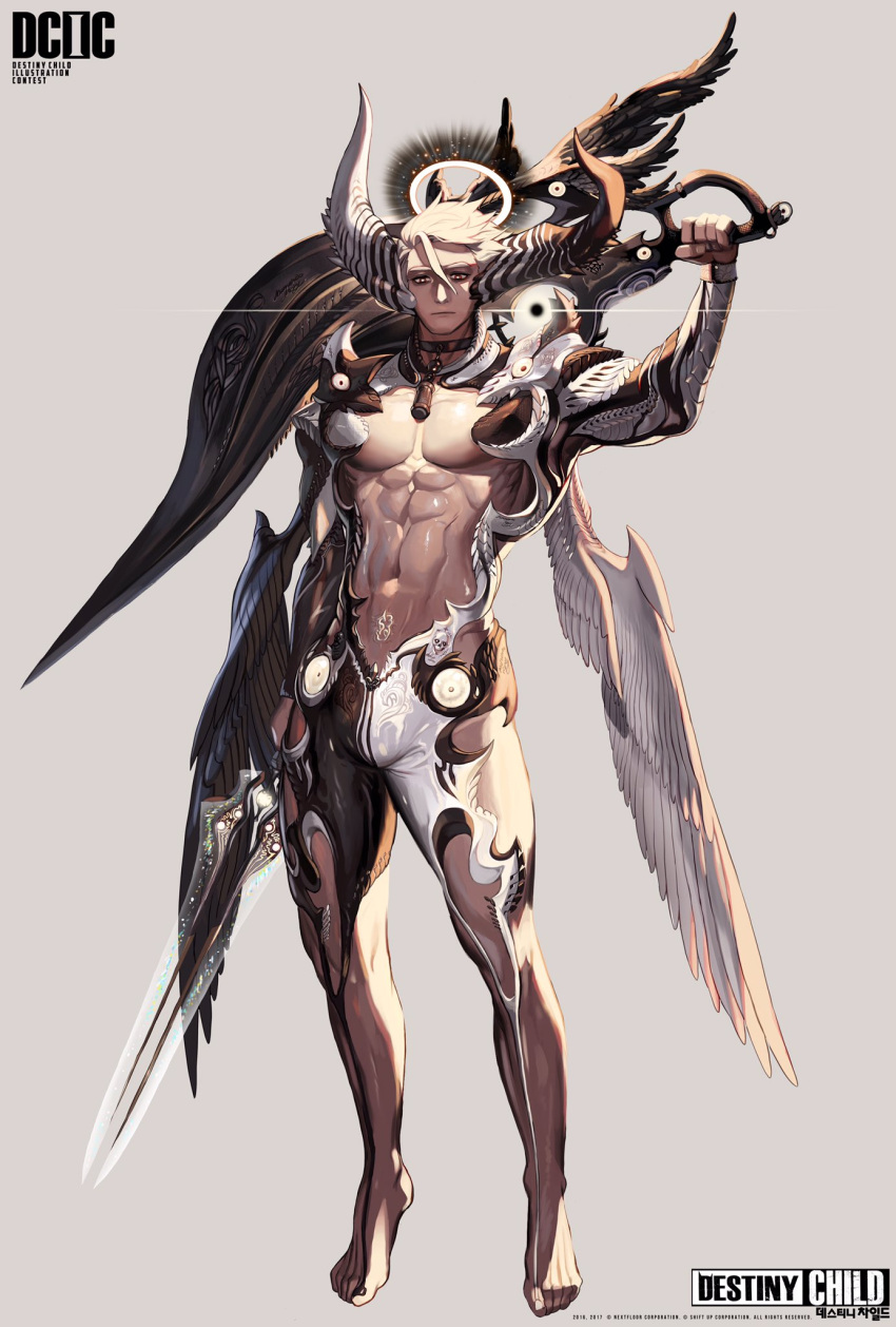 1boy abs angel barefoot between_pectorals bulge character_request cleavage_cutout clothing_cutout commentary_request destiny_child dragon_boy dragon_horns dragon_wings drawing_sword dual_wielding feathered_wings floating flying full_body halo highres holding holding_sword holding_weapon horns huge_weapon large_pectorals male_focus muscular muscular_male nipples pectoral_cleavage pectorals rinotuna scales short_hair solo stomach stomach_tattoo sword sword_behind_back tattoo thick_thighs thigh_cutout thighs weapon white_hair wings