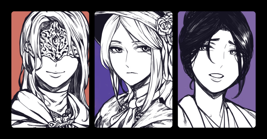 3girls absurdres bangs blindfold bloodborne closed_mouth commentary_request covered_eyes dark_souls_(series) dark_souls_iii emma_the_gentle_blade facing_viewer fire_keeper greyscale highres long_hair looking_at_viewer medium_hair monochrome multiple_girls nattapuumuu open_mouth parted_bangs partially_colored plain_doll purple_background red_background sekiro:_shadows_die_twice simple_background smile