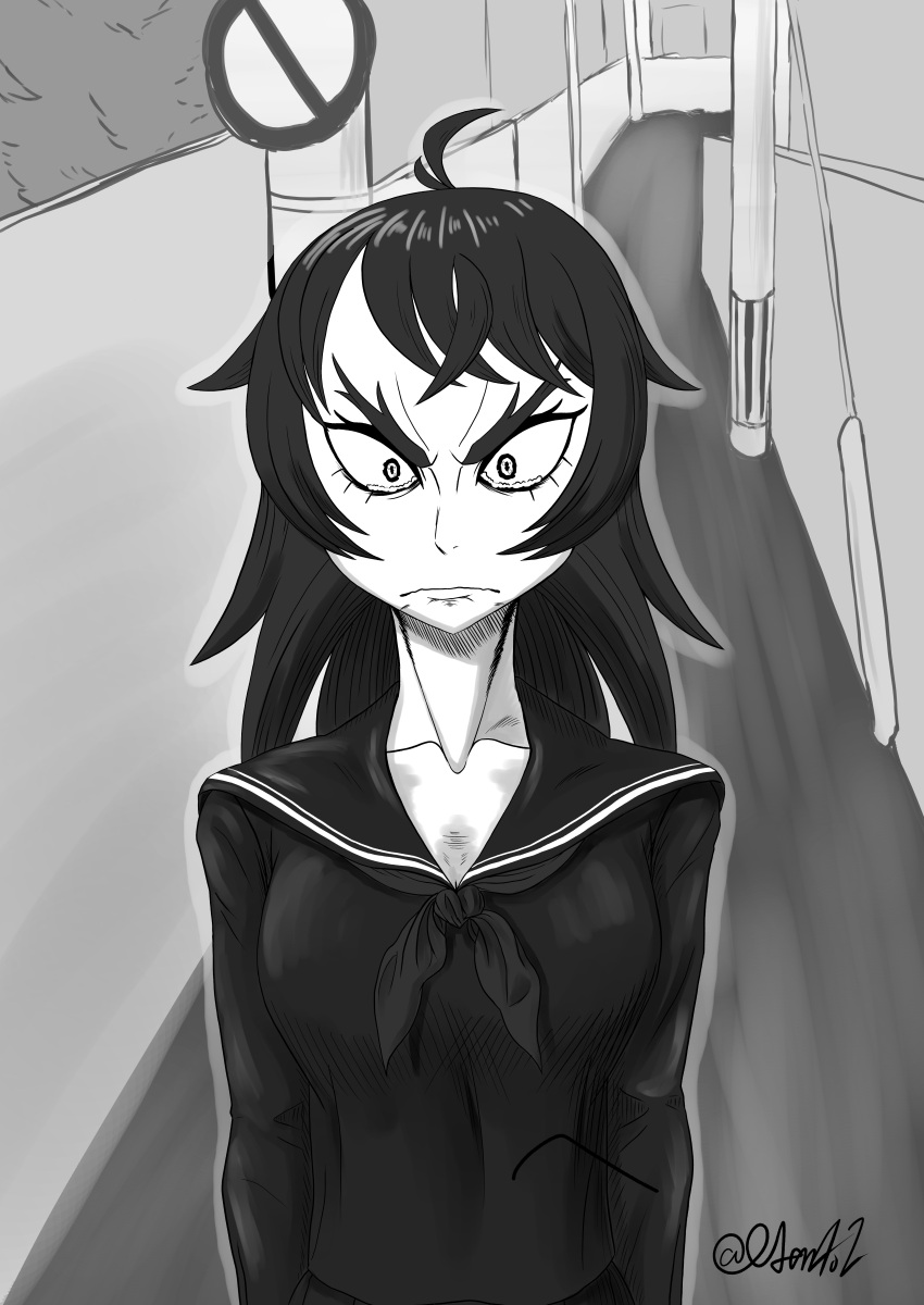 1girl absurdres ahoge angry bangs collarbone crossed_bangs eyebrows forked_eyebrows greyscale highres konji_(imatsugu) long_hair monochrome original school_uniform serafuku solo sukeban tears twitter_username wavy_mouth