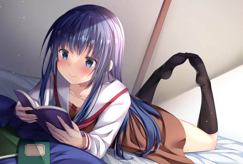 1girl absurdres bedroom black_legwear blue_eyes blue_hair blush brown_dress closed_mouth dress highres hinuma_yuuri indoors kneehighs long_hair looking_at_object lying moonlight_~omoide_no_hajimari~ no_shoes on_bed on_stomach reading sailor_collar sailor_dress shimo_(shimo332215) soles solo