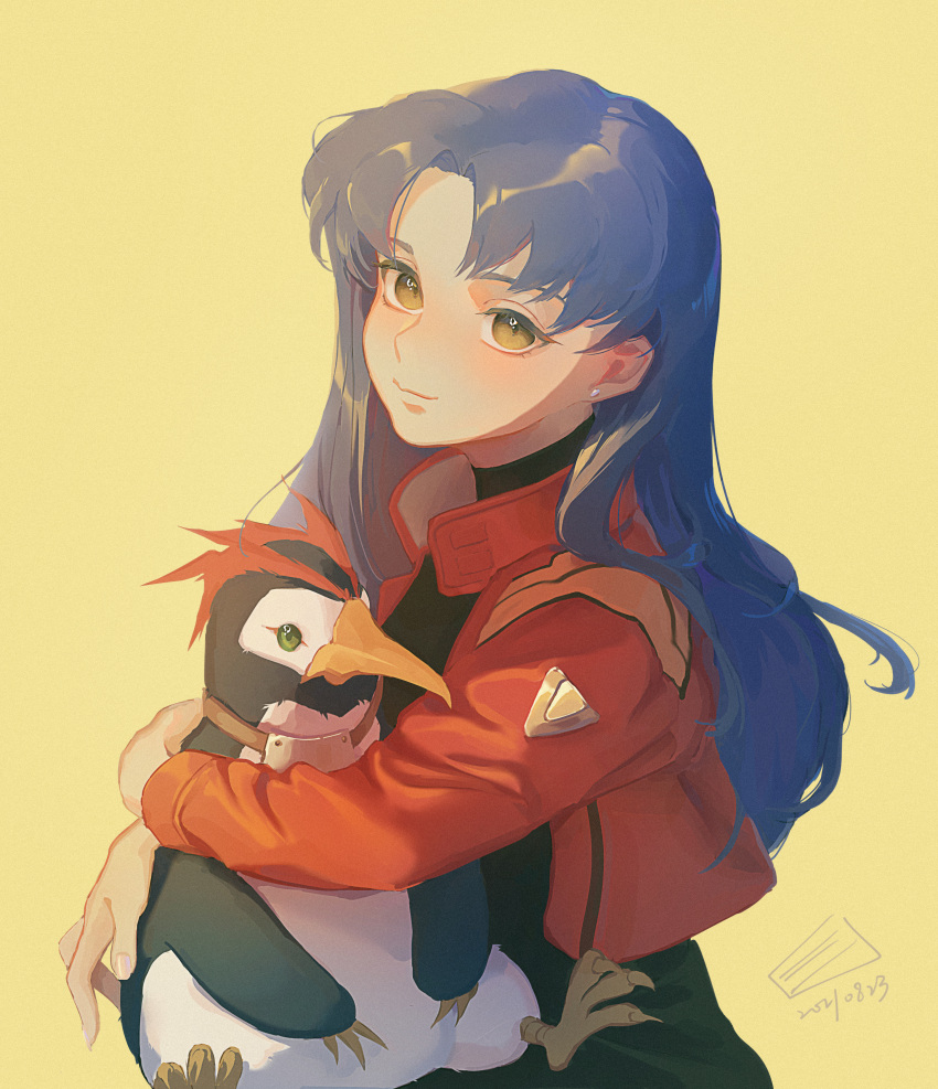 1girl absurdres animal_hug bird black_shirt blue_hair closed_mouth commentary_request cropped_jacket dated earrings highres jacket jewelry katsuragi_misato light_blush long_hair long_sleeves looking_at_viewer neon_genesis_evangelion open_clothes open_jacket partial_commentary penguin penpen red_jacket sandwich_(3meiji) shirt simple_background smile solo stud_earrings upper_body yellow_background yellow_eyes