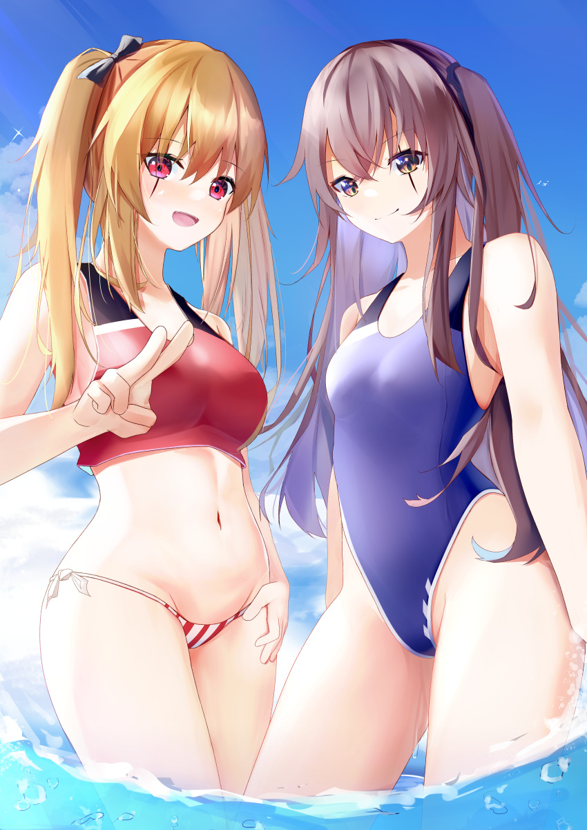 2girls absurdres blue_sky blue_swimsuit blush bow breasts brown_eyes brown_hair closed_mouth competition_swimsuit eyebrows_visible_through_hair feet_out_of_frame from_above girls_frontline hair_bow hair_ribbon hand_on_hip highres kotoha_(kotoha65) long_hair looking_at_viewer medium_breasts multiple_girls ocean on_water one-piece_swimsuit open_mouth red_eyes red_swimsuit ribbon scar scar_across_eye sky small_breasts smile standing swimsuit twintails ump45_(girls'_frontline) ump9_(girls'_frontline) v